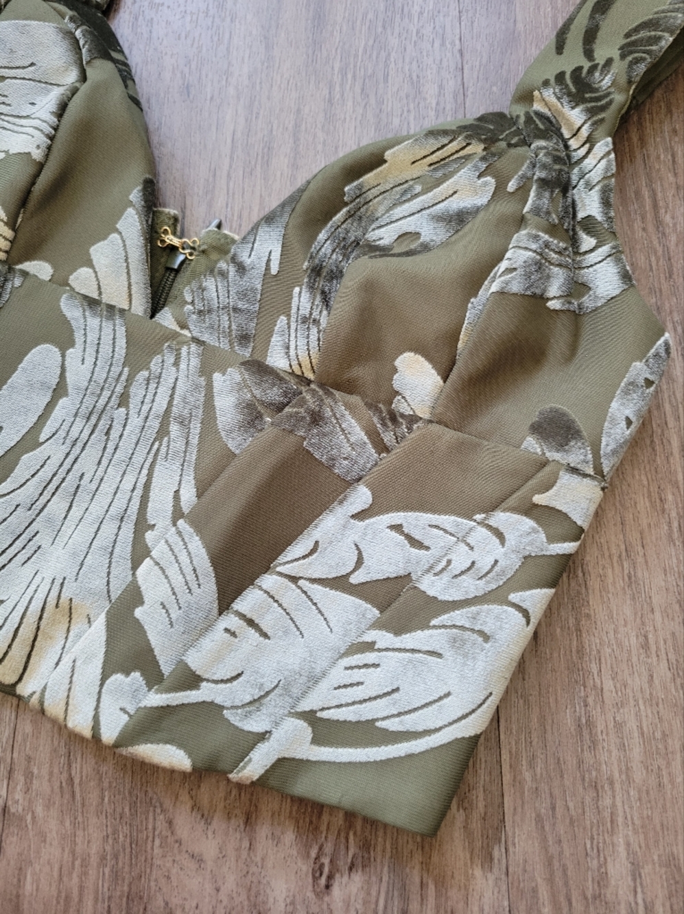 Oh Polly Cropped Bustier Top Olive Green Velvet Jacquard Corset Tank Top 2 - Picture 5 of 13